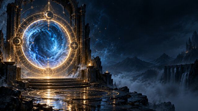Glowing golden magic portal in dark fantasy setting