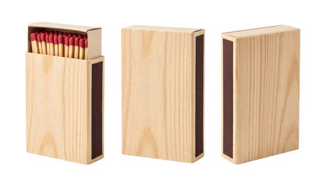 Wooden matchbox fire starters di set of 3 renders, mockup isolated on transparent background