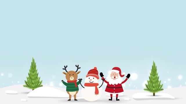 Cute Santa Claus, snowman, and reindeer holding hands in winter landscape Christmas animation, Perfect for Christmas greetings, holiday projects, and seasonal celebrations.