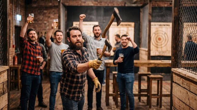 Man participating in competitive axe throwing league night with friends indoors