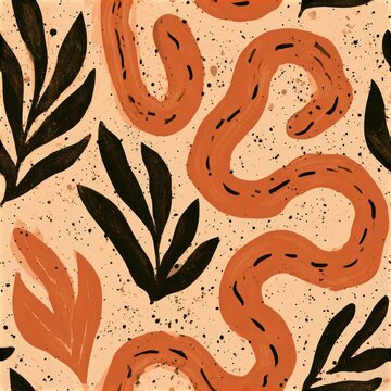 Primitive Boho Pattern Concept. Abstract organic pattern with orange worms and black leaves on speckled background