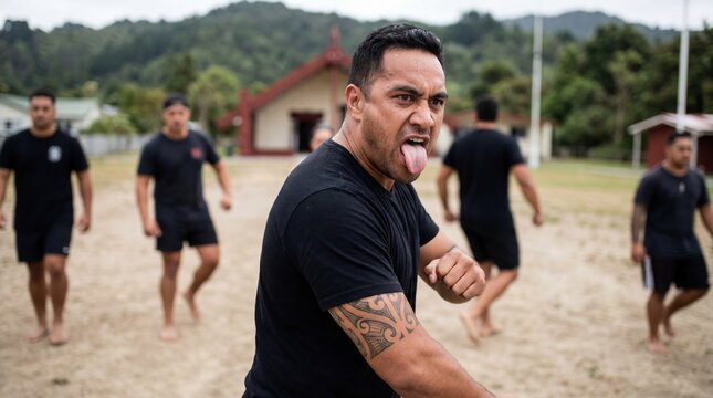 Man performing traditional haka dance in outdoor cultural practice with group
