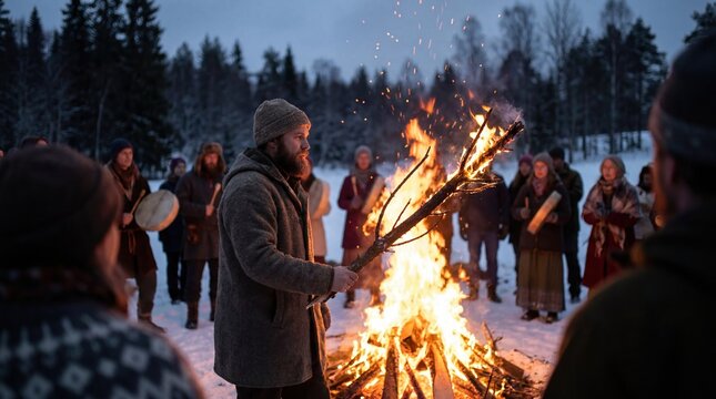 Man performing winter solstice fire ceremony with large bonfire and audience in snowy landscape