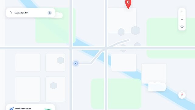 Map navigation GPS app interface showing route tracking in Manhattan location digital city destination tech motion