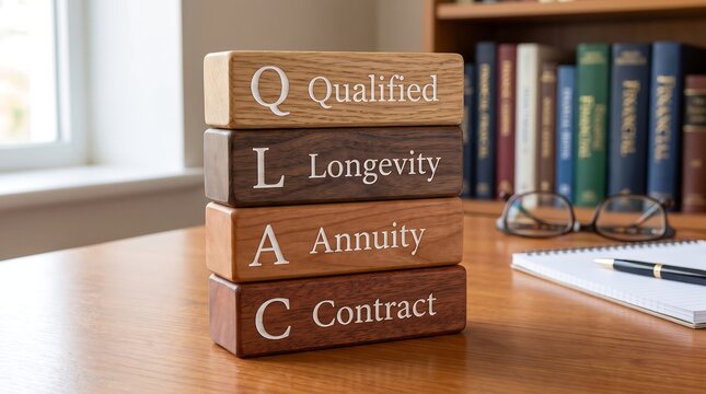 QLAC acronym on wooden blocks, Qualified Longevity Annuity Contract concept, retirement financial planning and investment strategy