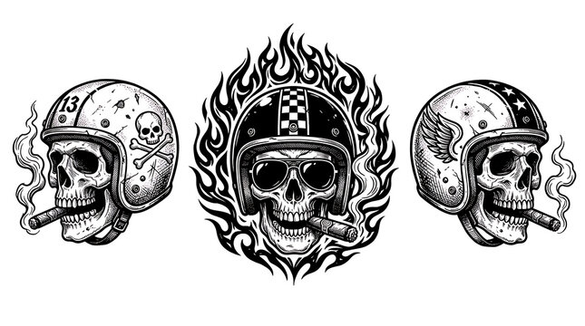 Biker skulls wearing vintage motorcycle helmets smoking cigars in classic tattoo art style