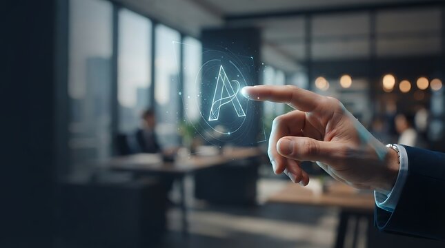 Businessman touching a glowing holographic letter A in an office