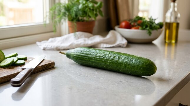 Fresh cucumber on kitchen counter with herbs and vegetables.