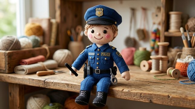 Whimsical Toy Cop Toy on a Rustic Wooden Table.