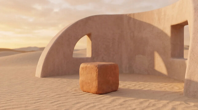Terracotta cube podium in desert landscape with adobe arches and warm sunlight for product mockup