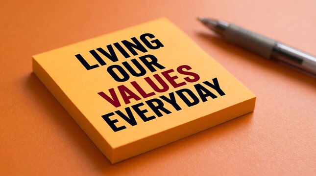Living Our Values Everyday text on sticky note, corporate culture and ethics concept, yellow adhesive pad with pen on orange background