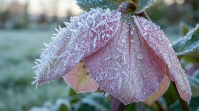 Frosted Flower Petals with Ice Crystals in a Winter Landscape