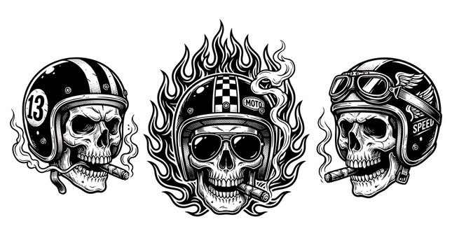 Three vintage biker skull illustrations wearing motorcycle helmets and smoking cigars
