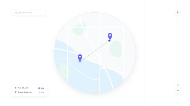 Digital map navigation interface showing location pins route distance and travel time for mobile application software footage