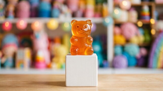 Gummy bear candy on a white square base in a festive display.