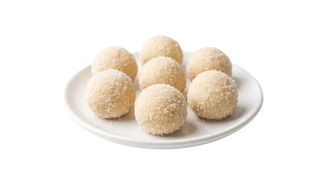  Bengali Kheer Kadam sweets with textured sugar coating, isolated on clean.