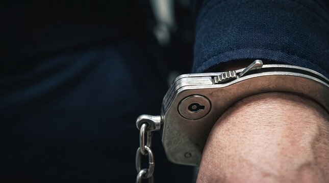 Close up of a person wearing metal handcuffs on their wrists in a dark setting