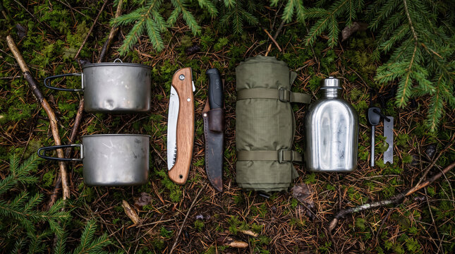 &Eacute;quipement de bushcraft et de survie align&eacute; &agrave; plat sur un sol forestier en sous-bois