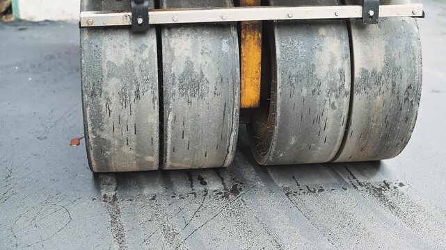 A heavy roller is compacting asphalt on a construction site. The roller moves forward, leaving a smooth surface behind as it rolls over the recently laid material