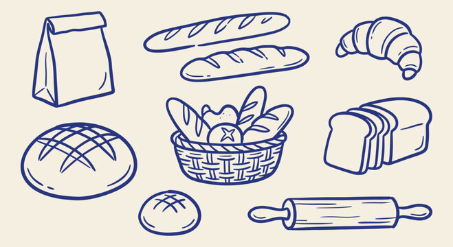 Hand drawn blue line vector set of fresh bakery items, baguette, croissant, sliced bread, paper bag, and rolling pin doodles