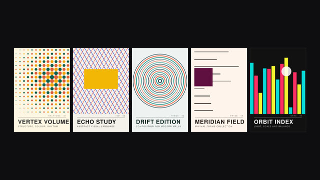 A series of five minimalist posters featuring abstract geometric patterns such as dot grids, cross-hatched lines, concentric circles, and bars