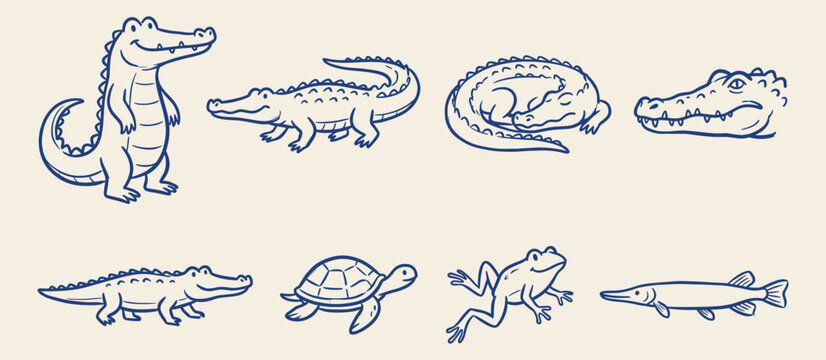 Swamp animals vector doodle set with crocodile alligator turtle frog and pike on cream background