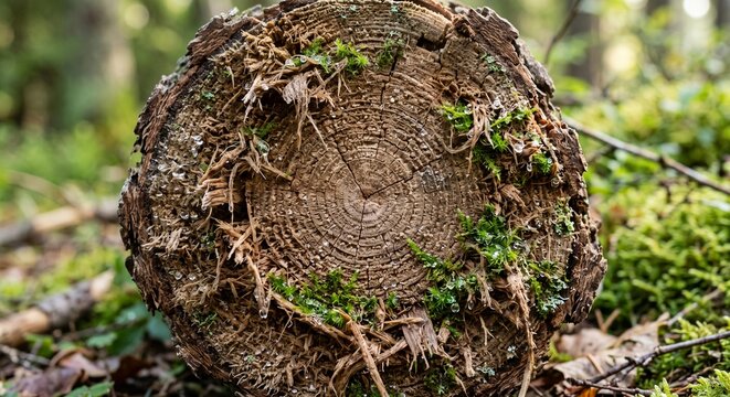Macro View of Weathered Pine Wood Fiber with Green Moss