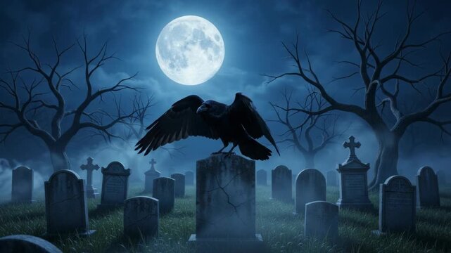 A lone black crow perches on a tombstone in a spooky graveyard under a full moon, shrouded in eerie mist and surrounded by bare trees.