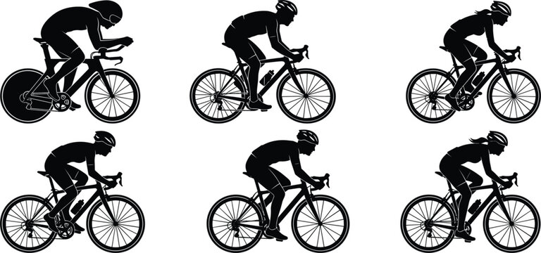 Professional Road Bike Racing and Triathlon Cyclist Vector Silhouette Grid Set Featuring Male and Female Athletes for Sports and Fitness Graphic Designs