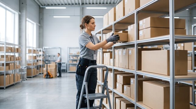 Warehouse worker using a ladder to reach cardboard boxes on tall storage shelves