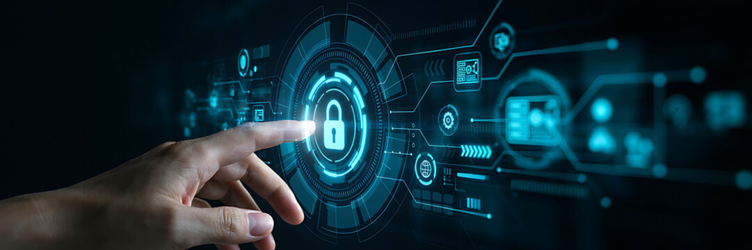 A person touching a glowing blue digital lock symbol on a futuristic interface with circuit lines and data representing cyber security