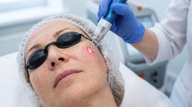 Woman wearing protective goggles during a laser skin rejuvenation treatment at a clinic