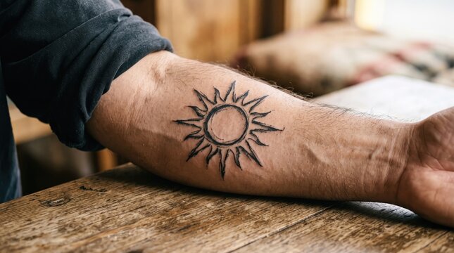 Small black sun tattoo on a man's inner forearm resting on a rustic wooden table