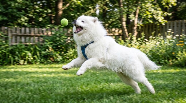 Energetic samoyed dog jumping in a grassy backyard to catch a flying tennis ball