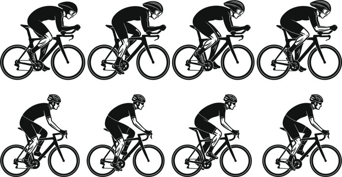 Professional Triathlete and Road Racing Cyclist Vector Silhouette Grid Collection Featuring Athletes in Time Trial Aero Position for Sports Graphic Designs