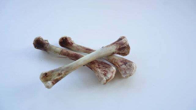 Chicken bones on white table close-up.
