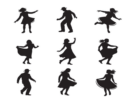 Swing dance silhouettes set of people dancing vintage rock and roll music vector