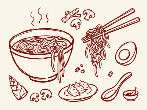 Hand drawn doodle set of Asian food with ramen noodle bowl, dumplings, and chopsticks