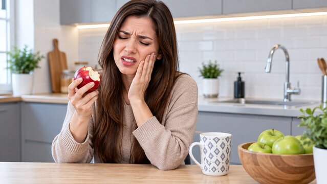 Young woman experiencing acute toothache and dental pain while trying to bite into a fresh red apple in a modern home kitchen