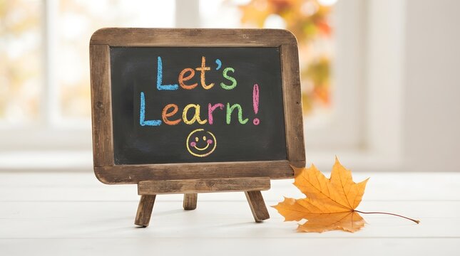 Small wooden chalkboard with the text lets learn written in colorful chalk next to an autumn leaf on a white table