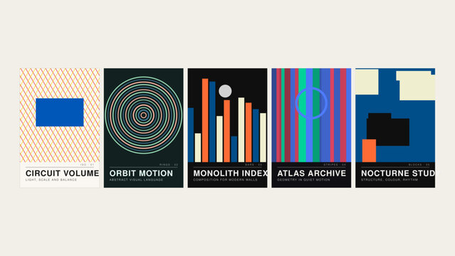 Circuit volume, orbit motion, monolith index, atlas archive, nocturne stud, five posters with geometric patterns and bold color blocks