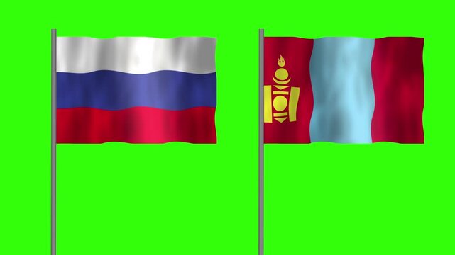 Flag of Mongolia and Russia, Pole flag of Mongolia and Russia on Green screen chroma key, Mongolia and Russia flag waving.
