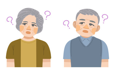 Fototapeta premium 疑問を感じている高齢男性と高齢女性の上半身のイラストセット