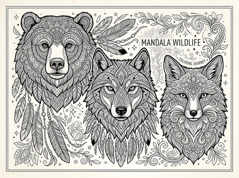 Zentangle mandala style wild animals coloring page vector illustration with bear wolf and fox