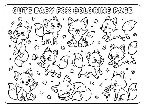 Cute cartoon baby fox character set with various poses and elements line art coloring page vector illustration