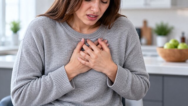 A woman experiencing sudden chest pain, holding her chest with both hands in the kitchen, indicating a possible heart attack or health issue