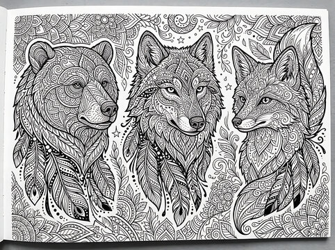Zentangle mandala style wild animals coloring page vector illustration with bear wolf and fox
