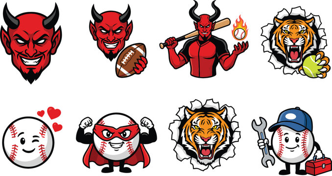 Cartoon Sports Mascot Vector Set Featuring Red Devil Football and Baseball Characters Wild Roaring Tiger and Cute Baseball Mascot Graphic Designs