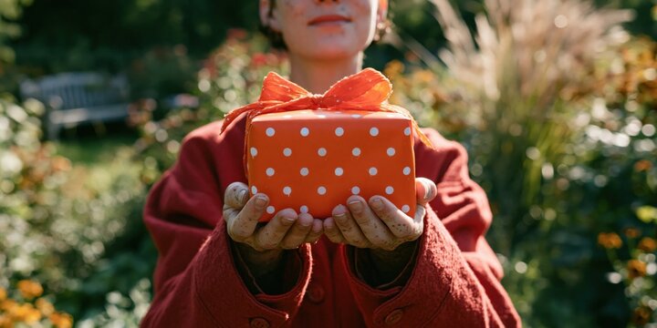 Hands offering orange polka dot gift box in garden for holiday present background and seasonal banner design