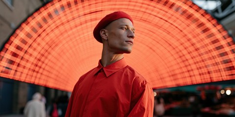 Fototapeta premium Stylish portrait of a man in a red beret and shirt under a glowing orange led arc for urban banner and portrait background